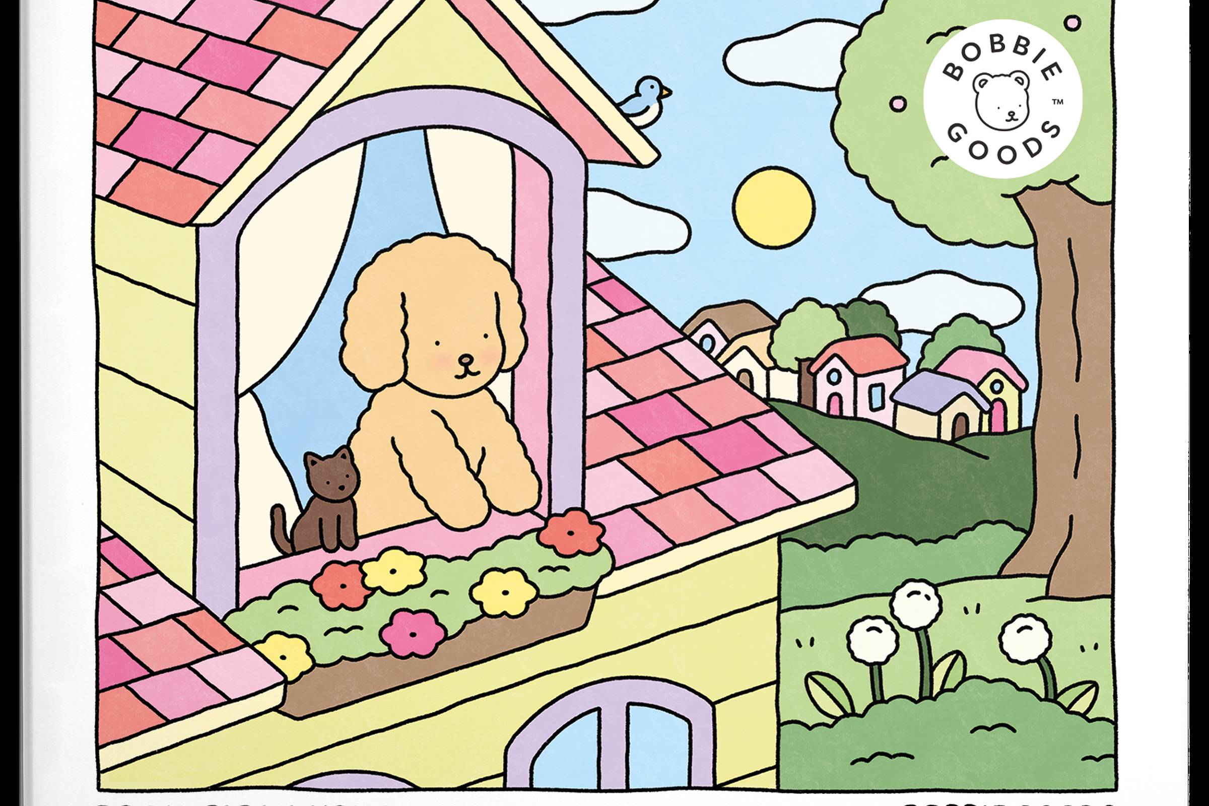A imagem mostra uma ilustração colorida de uma casa com um cachorro de pelagem encaracolada olhando pela janela. Ao lado do cachorro, há um gato preto. A casa tem um telhado rosa e flores coloridas na janela. No fundo, há um sol amarelo, nuvens brancas e várias casas em um cenário verde.