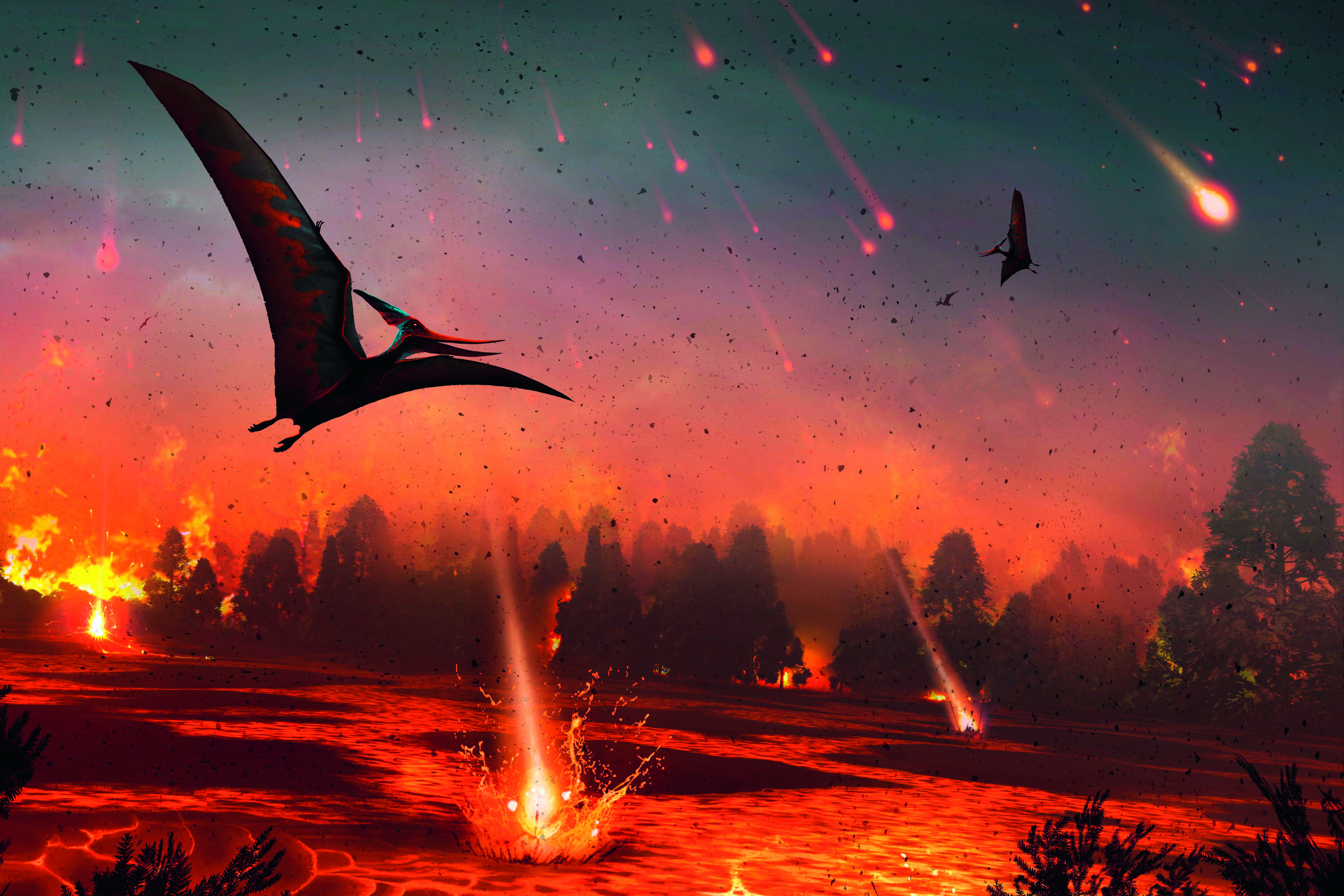 Pterossauros voam sobre terreno vulcânico com lava exposta enquanto meteoros incendeiam a floresta ao fundo. O céu está escuro com múltiplos meteoros em queda, e a vegetação é parcialmente visível entre as chamas.