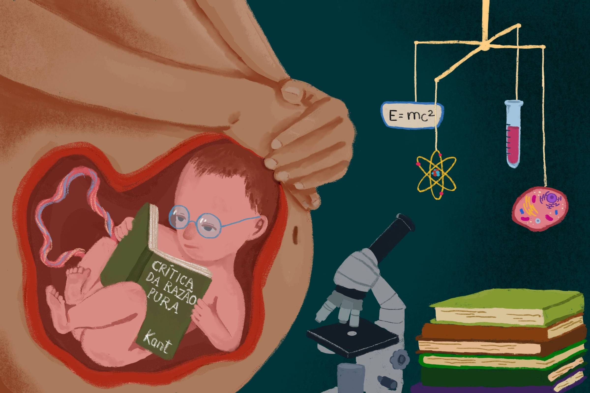 Ilustração mostra um feto dentro do útero segurando e lendo o livro