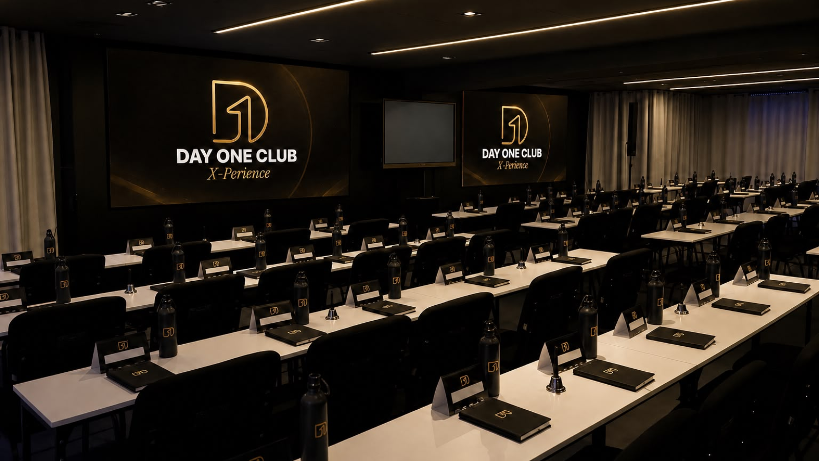 Espaço preparado para o Day One Club X-Perience, com estrutura para encontros de formação, networking e desenvolvimento empresarial.
