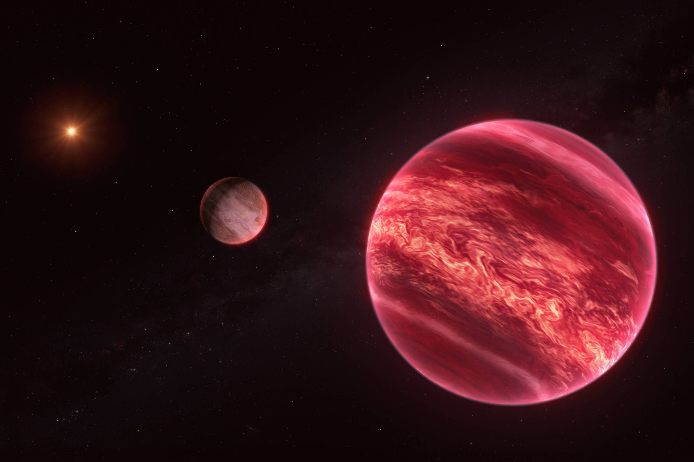 Ilustração do sistema CD-35 2722, com uma anã vermelha (ao fundo) e um exossatélite com porte de planeta gigante gasoso orbitando uma anã marrom (em primeiro plano)
