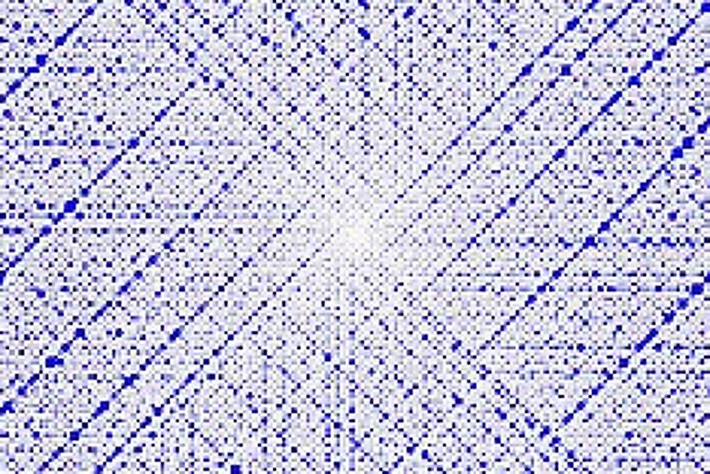 Imagem mostra um padrão simétrico composto por pontos azuis distribuídos em linhas diagonais e verticais sobre fundo branco, formando uma estrutura complexa e repetitiva.