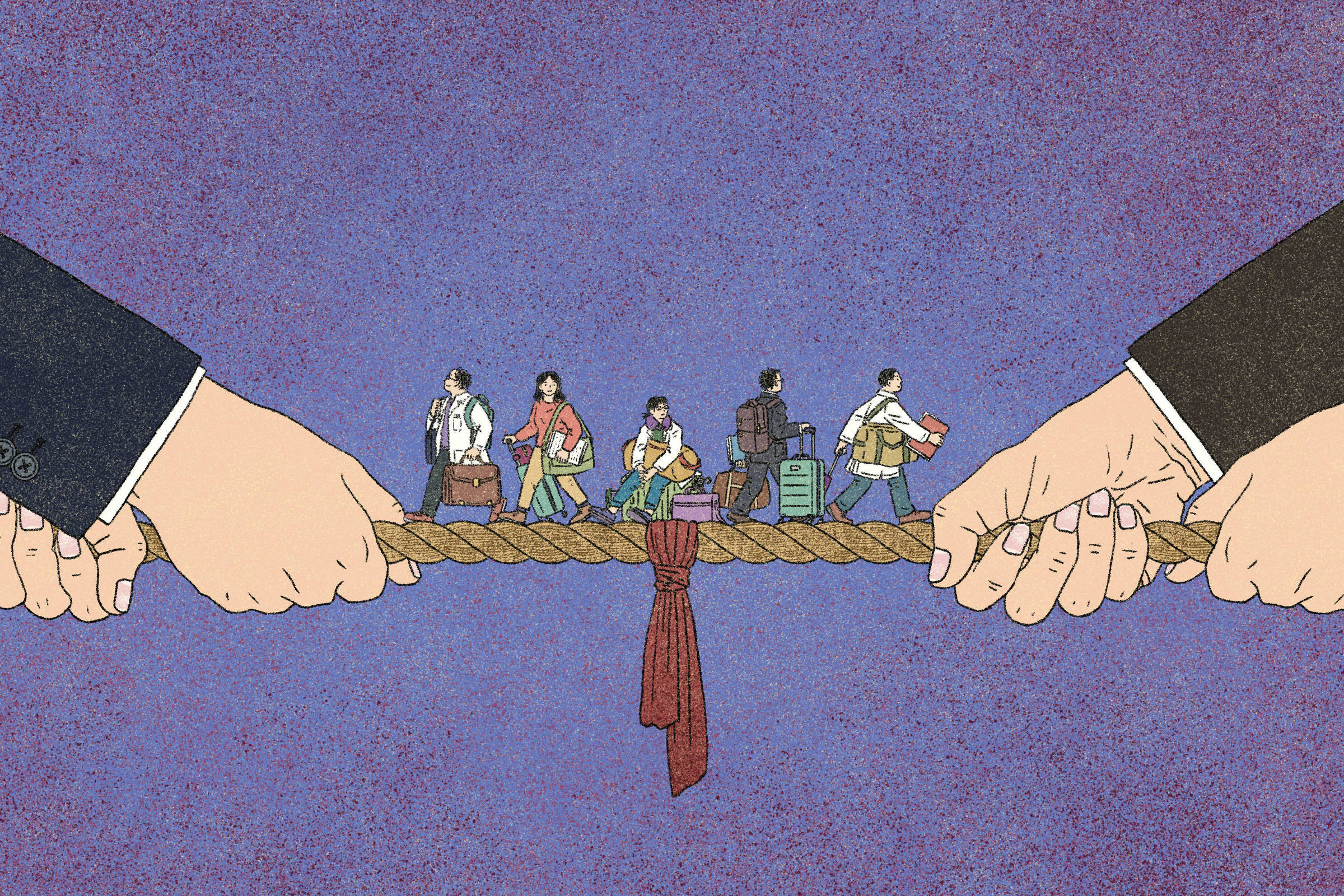Ilustração mostra seis pessoas caminhando sobre uma corda grossa esticada entre duas mãos vestindo paletó. As pessoas carregam malas e mochilas, algumas vestem jalecos brancos e roupas casuais. A corda tem um nó com um lenço vermelho pendurado no centro. Fundo é azul texturizado.