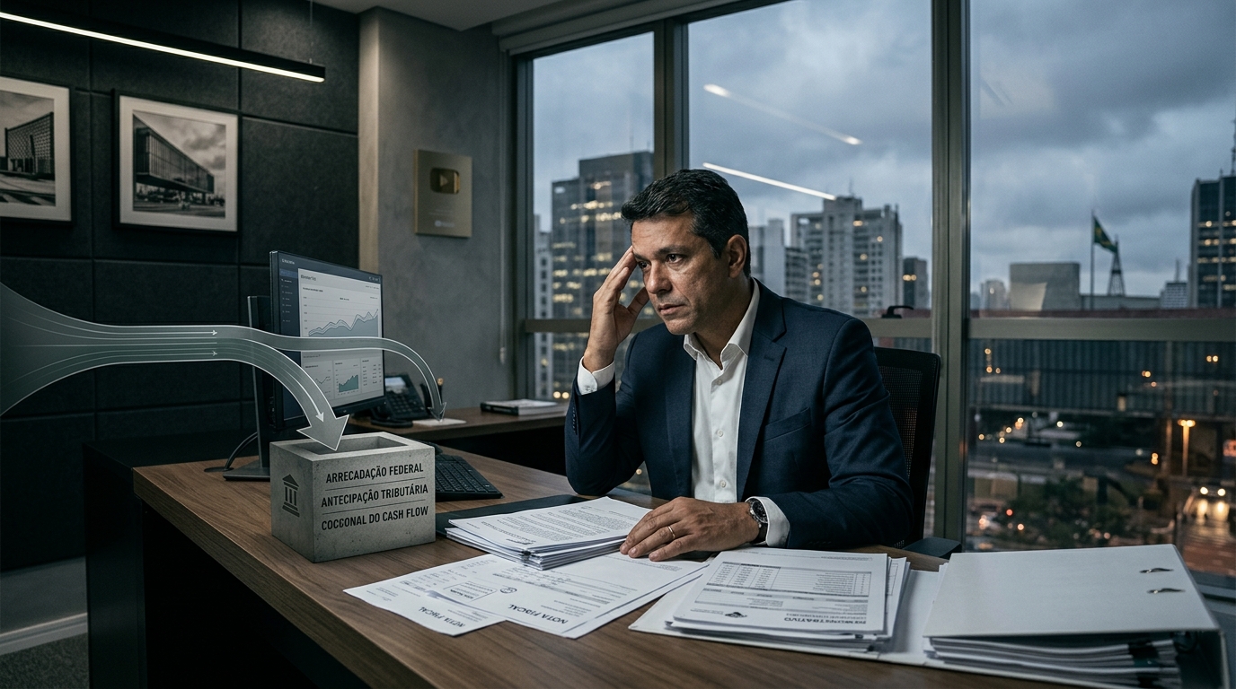 Empresário analisa documentos fiscais em escritório enquanto representação visual simboliza a antecipação de tributos e a pressão sobre o fluxo de caixa.