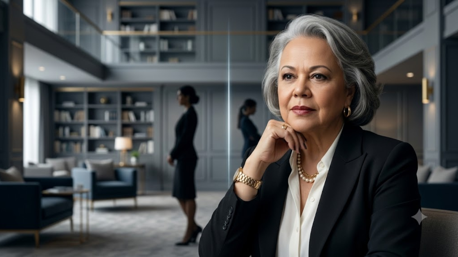 Retrato de Myrinha Vasconcellos diante de um ambiente corporativo elegante, com duas figuras femininas desfocadas ao fundo separadas por uma linha de luz, representando a violência relacional silenciosa entre irmãs.