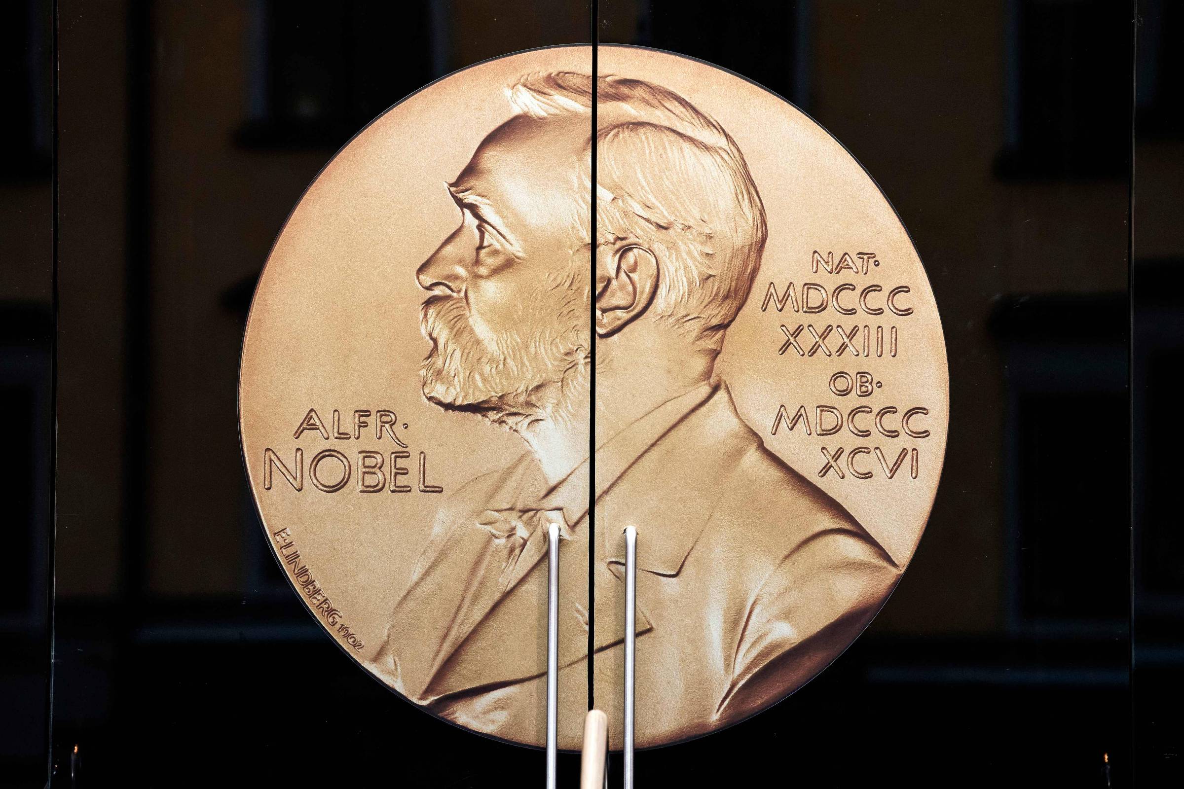 Medalha dourada do Prêmio Nobel com perfil de Alfred Nobel gravado, exibida em porta de vidro com puxadores metálicos ao centro.