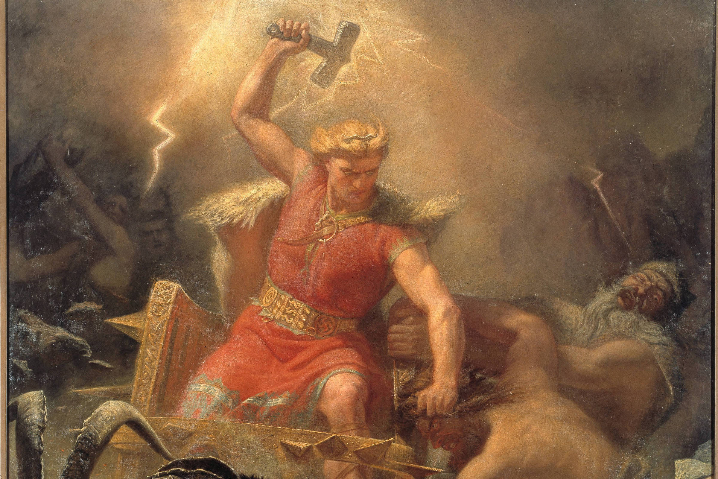 Figura central de Thor com armadura vermelha e capa branca levanta martelo em ataque. Ao redor, criaturas sombrias e um bode preto em cena de combate mitológico.