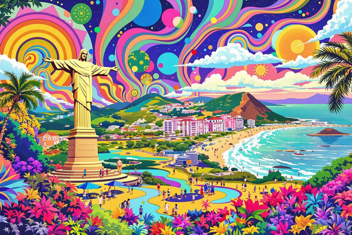 Paisagem fictícia ultracolorida do Rio de Janeiro com estátua do Cristo