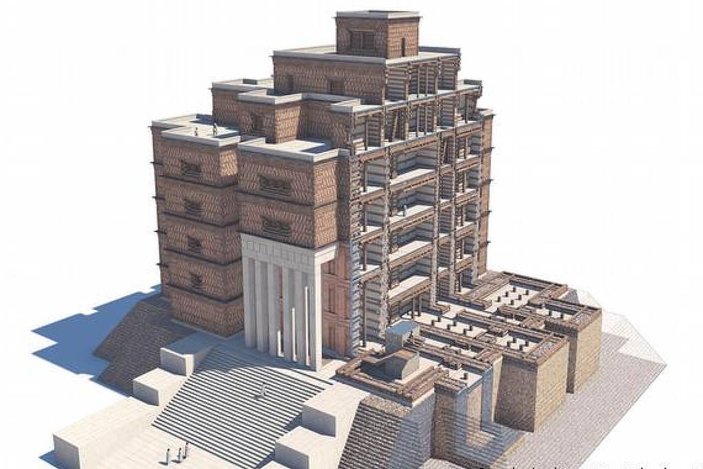 Modelo tridimensional de um edifício com fachada em tijolos aparentes e estrutura em degraus. A construção apresenta escadaria frontal ampla, colunas na entrada principal e varandas em vários andares. O cenário é neutro, com sombra projetada ao lado esquerdo.
