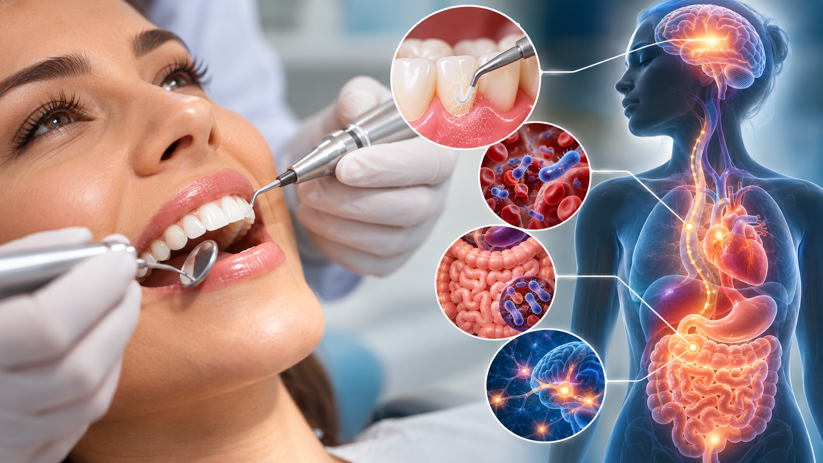 Profilaxia dentária realizada por cirurgião-dentista, com ilustrações das conexões entre saúde bucal, cérebro, coração, intestino e microbiota.