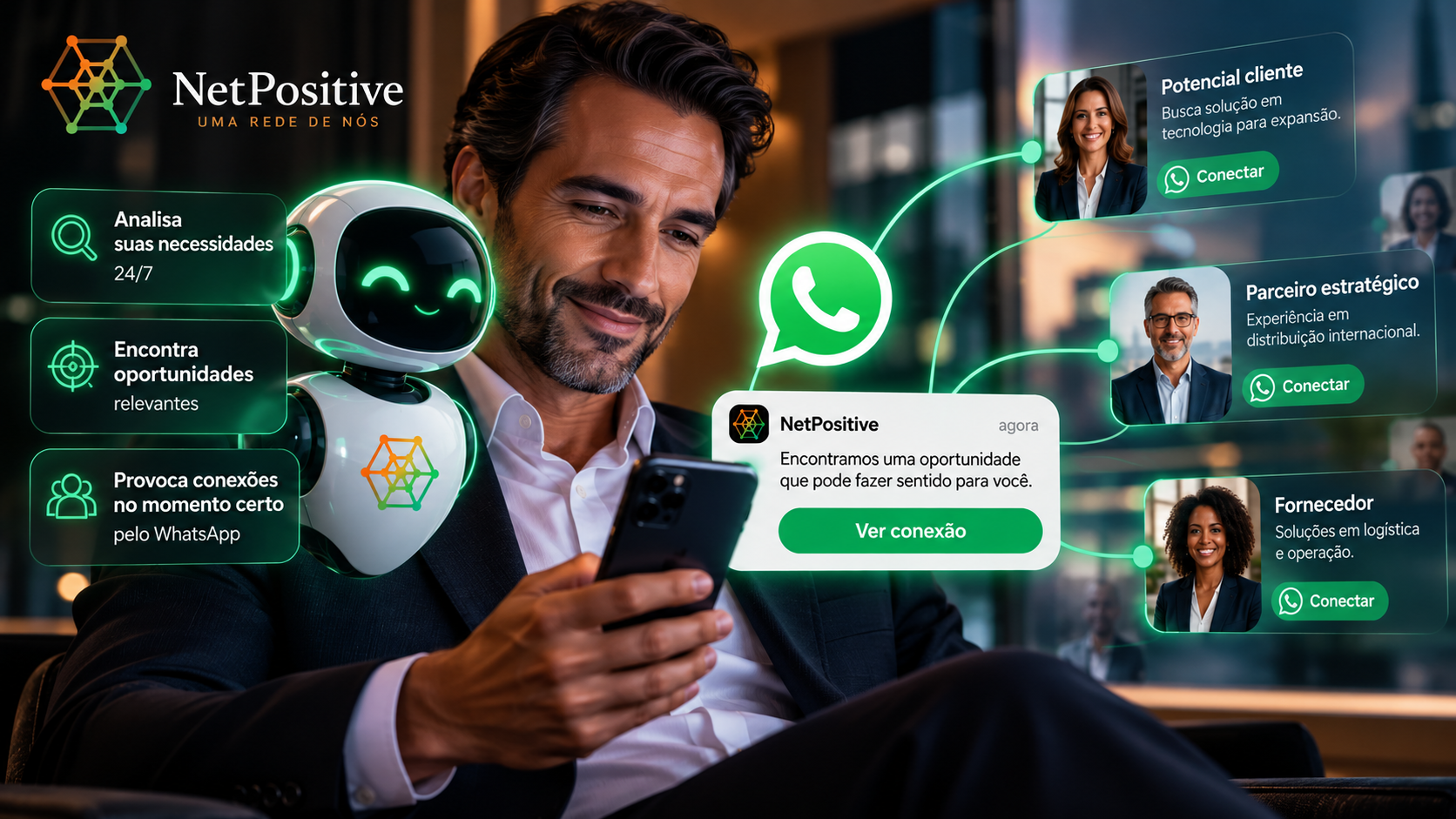 NETPositive utiliza inteligência artificial no WhatsApp para identificar oportunidades de negócios 24 horas por dia e conectar empresários e profissionais.
