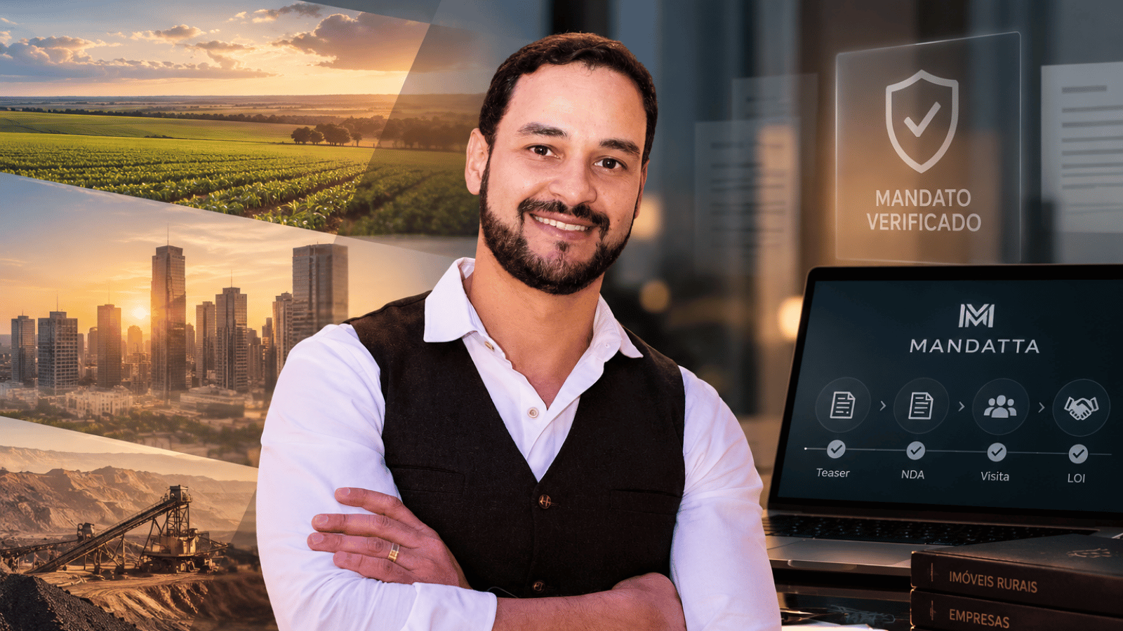 Felipe Guimarães Oliveira, idealizador da Mandatta, em composição visual sobre intermediação de ativos de alto valor, imóveis rurais, empresas e mineração.