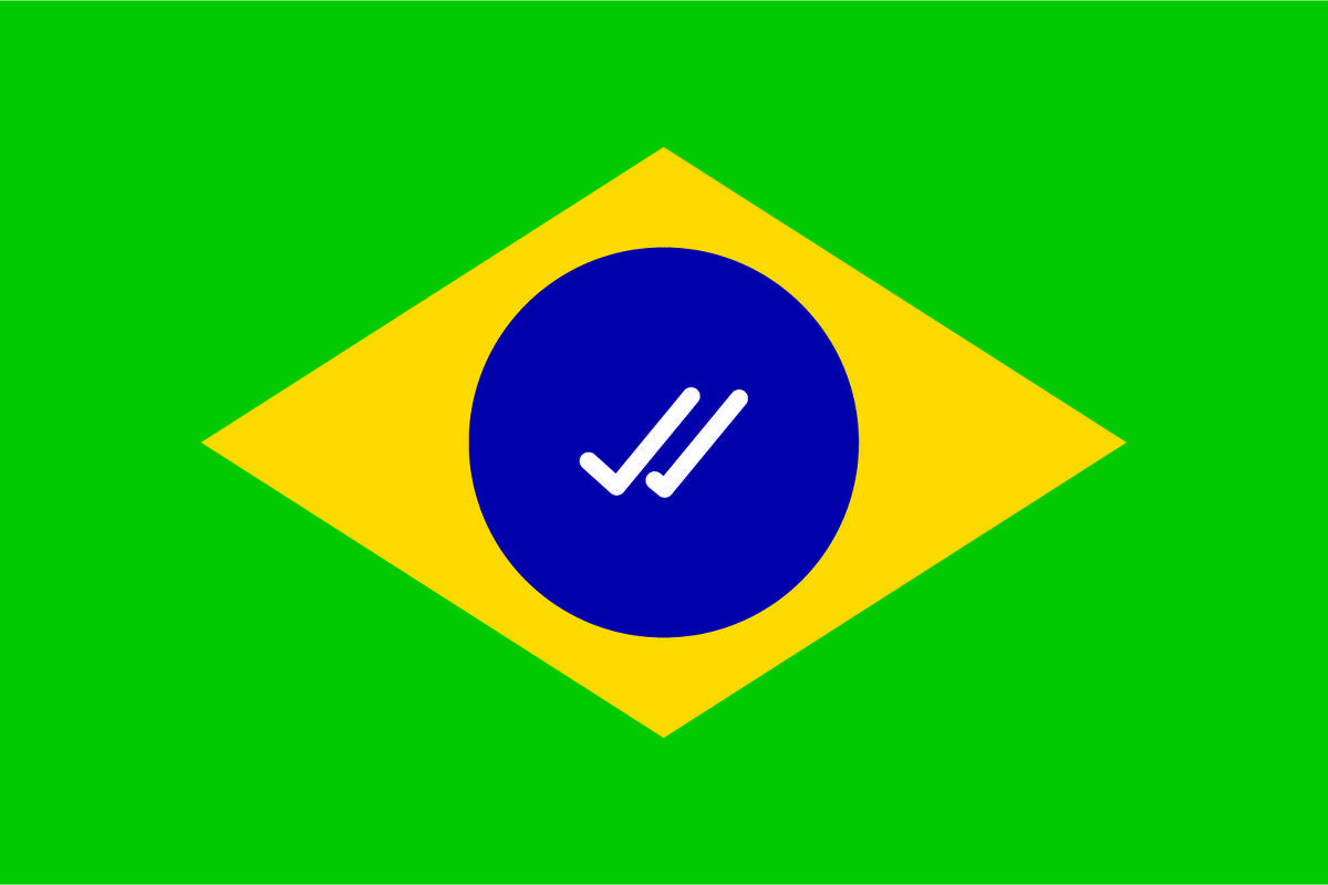 Bandeira do Brasil com fundo verde, losango amarelo central e círculo azul no meio. Dentro do círculo azul, há um símbolo branco de dois sinais de verificação sobrepostos.