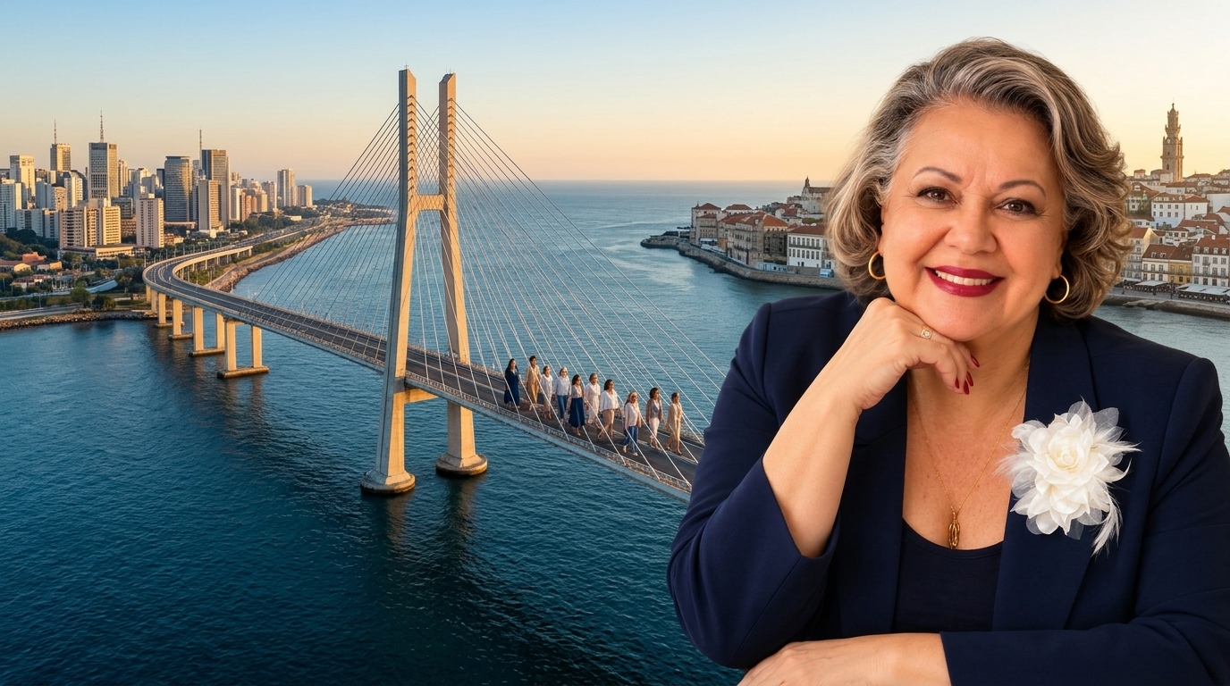 Myrinha Vasconcellos simboliza a expansão do Wollying de São Paulo a Portugal, em imagem que representa a união das mulheres e o combate à violência psicológica além das fronteiras.