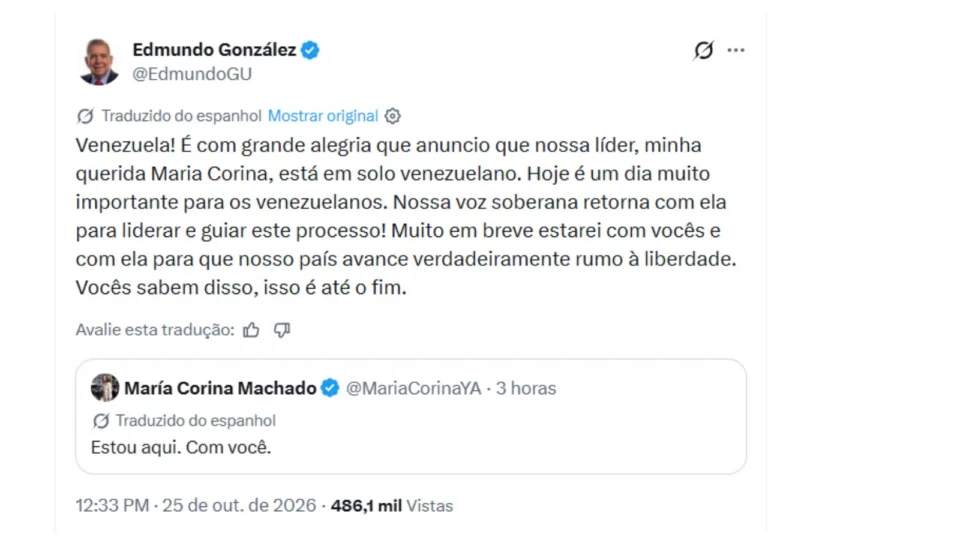María Corina retorna à Venezuela após mais de dez meses fora do país: “Estou aqui, com vocês”