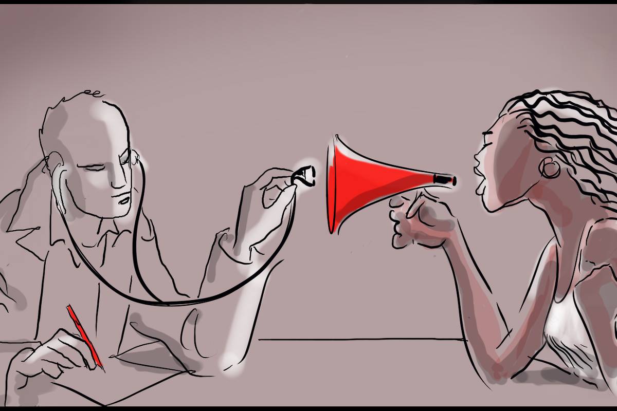 Um médico ouve com seu estetoscópio e anota o que uma mulher lhe conta. Ela usa um megafone bem perto do estetoscópio dele. A caneta e o megafone são vermelhos