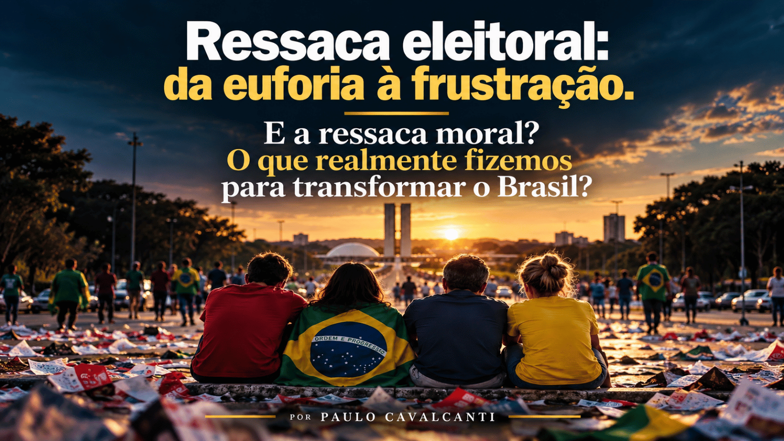Ressaca eleitoral: da euforia à frustração. Quatro brasileiros observam o Congresso Nacional em Brasília ao pôr do sol, em meio a materiais de campanha eleitoral espalhados pelo chão.