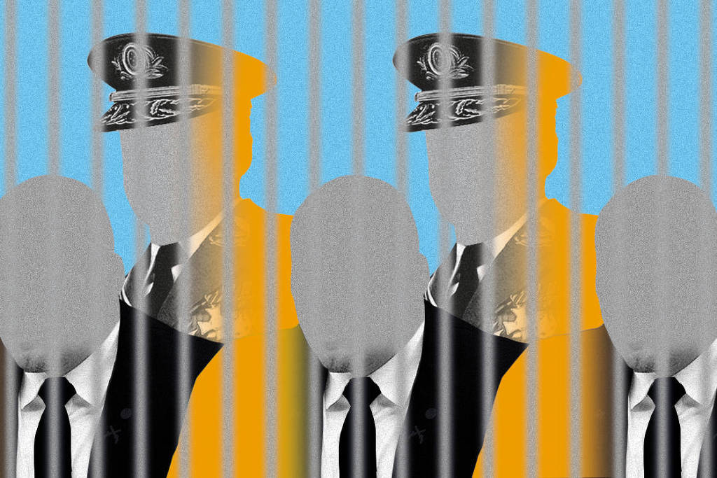homens anônimos engravatados e com fardas oficiais atrás de grades
